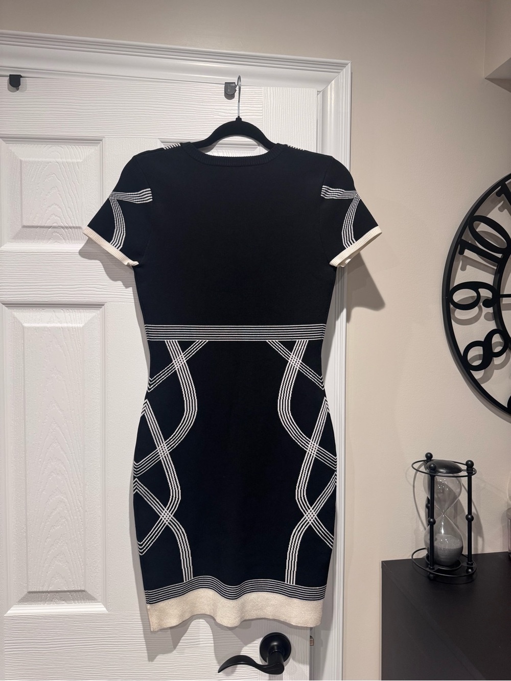 Black Short Sleeve Knit Bodycon Dress with White Trim - Picture 2 of 4